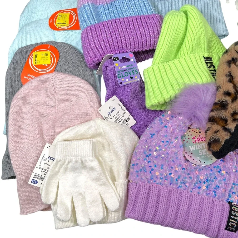 Mixed Lot of Girls Winter‎ Hats & Glove Beanie Sequin Animal Pom Knit Cap